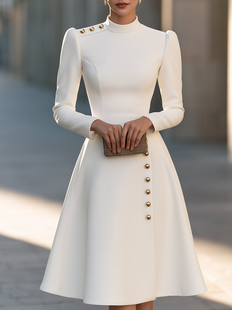 Gold Button Detail Mock-Neck Long Sleeve A-Line Midi Dress