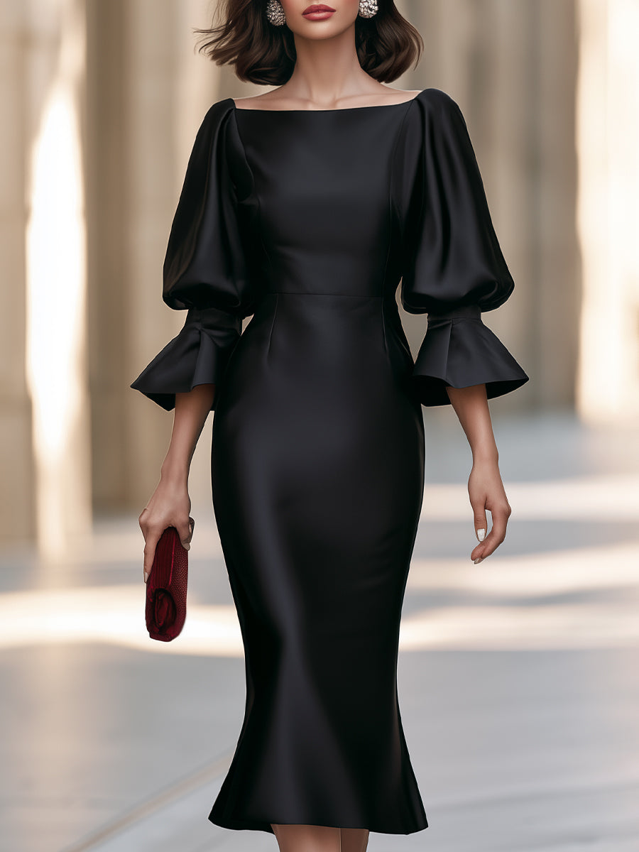 Satin Boat Neck Puff Sleeve Midi Dress