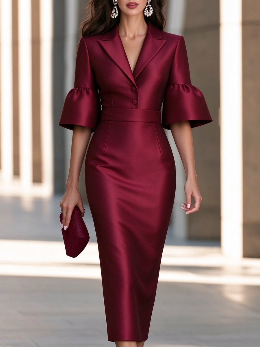 Statement Bell Sleeves Satin Lapel Collar Midi Dress