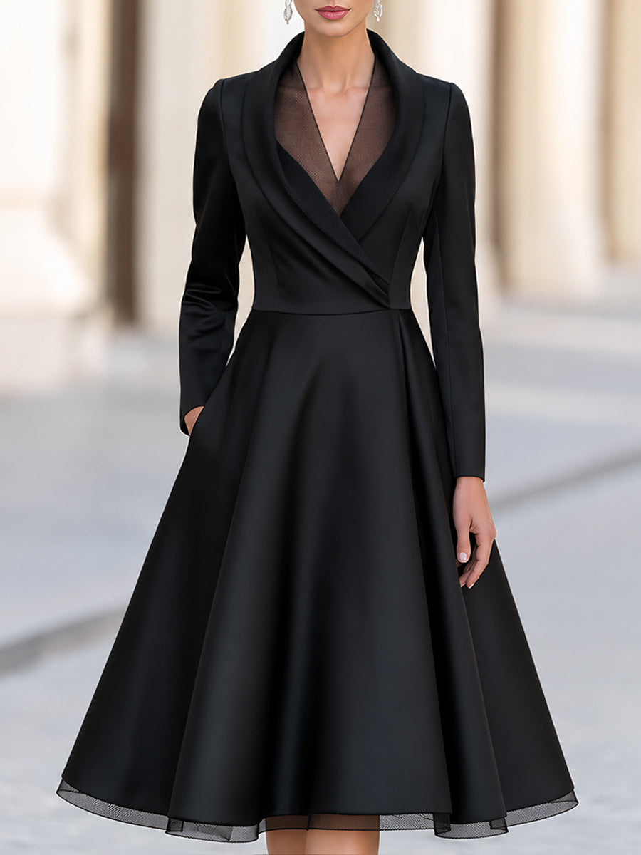 Black Tuxedo-Inspired Mesh V-Neck Fit And Flare Midi Dress