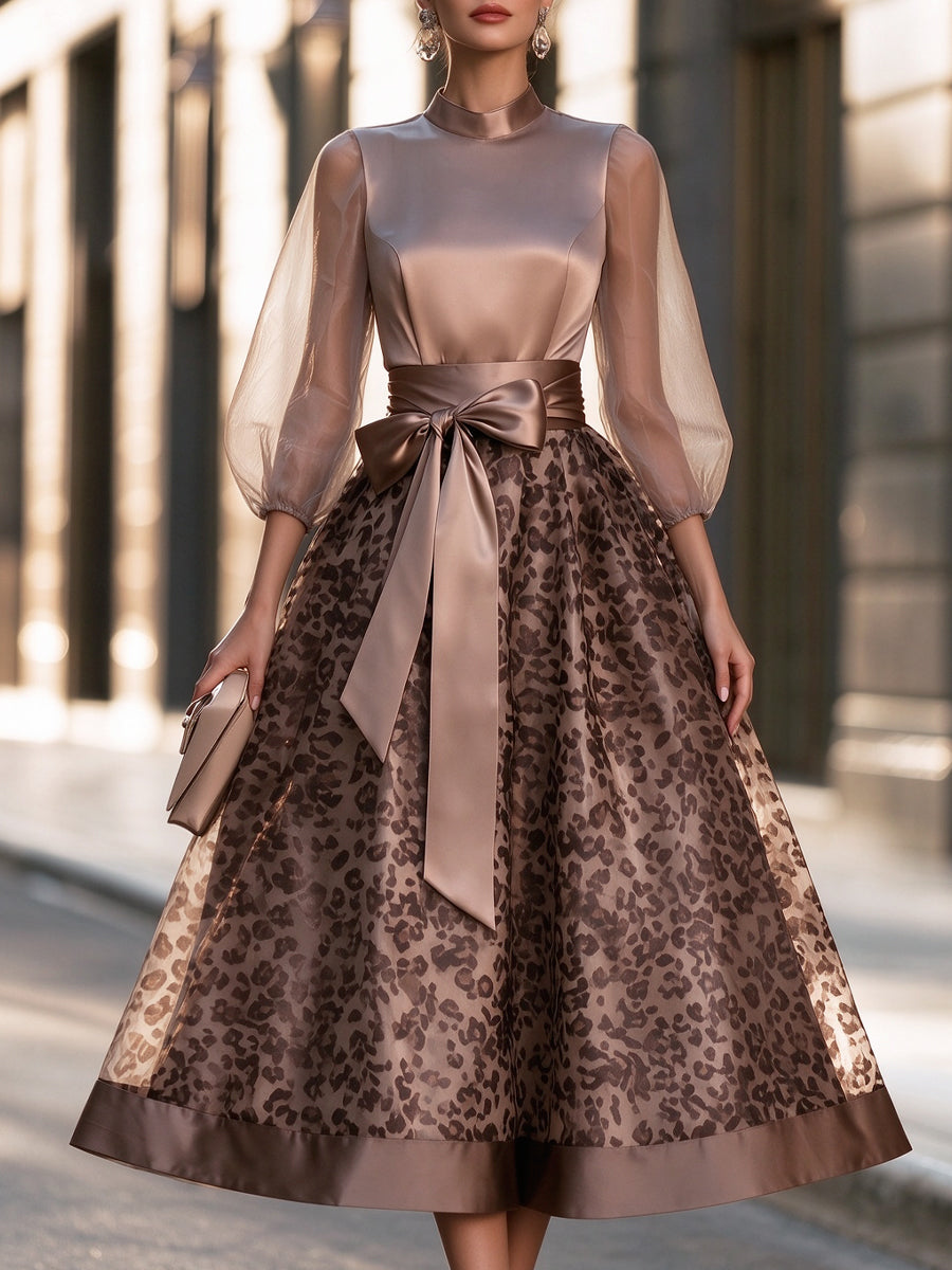 Bow Waist Leopard Print Sheer Puff Sleeves Satin Midi Dress