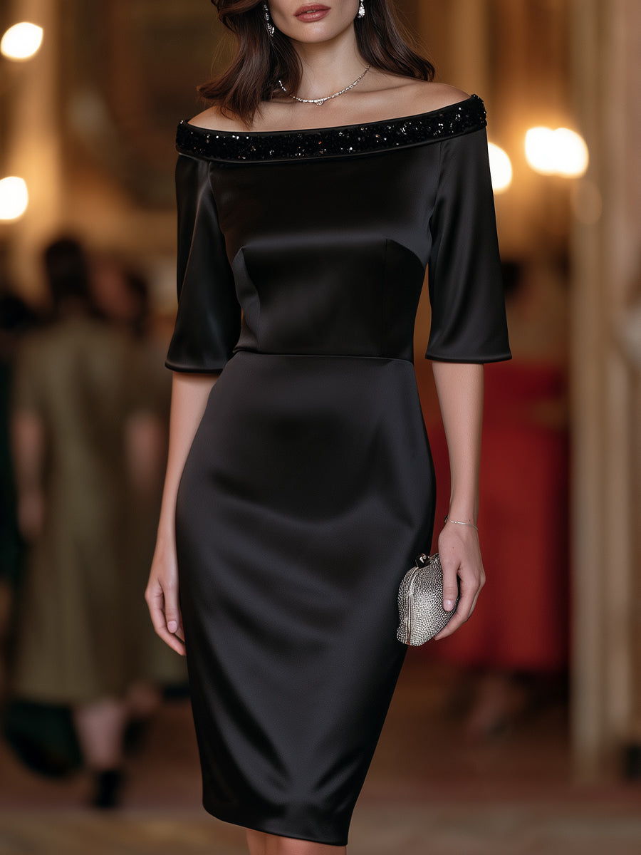 Sequin-Embellished Boatneck Satin Sheath Cocktail Dress