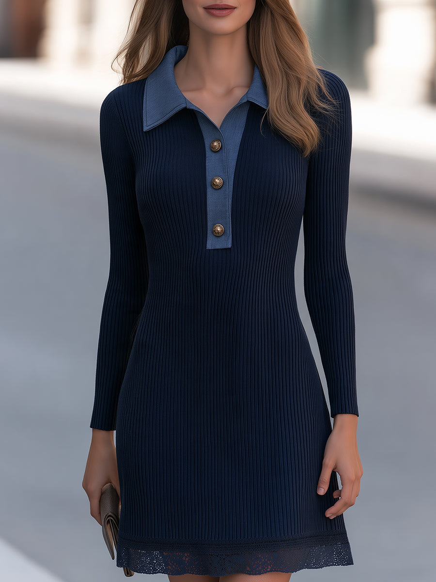 Navy Ribbed Knit Long-Sleeve Mini Dress with Contrast Collar and Lace Hem