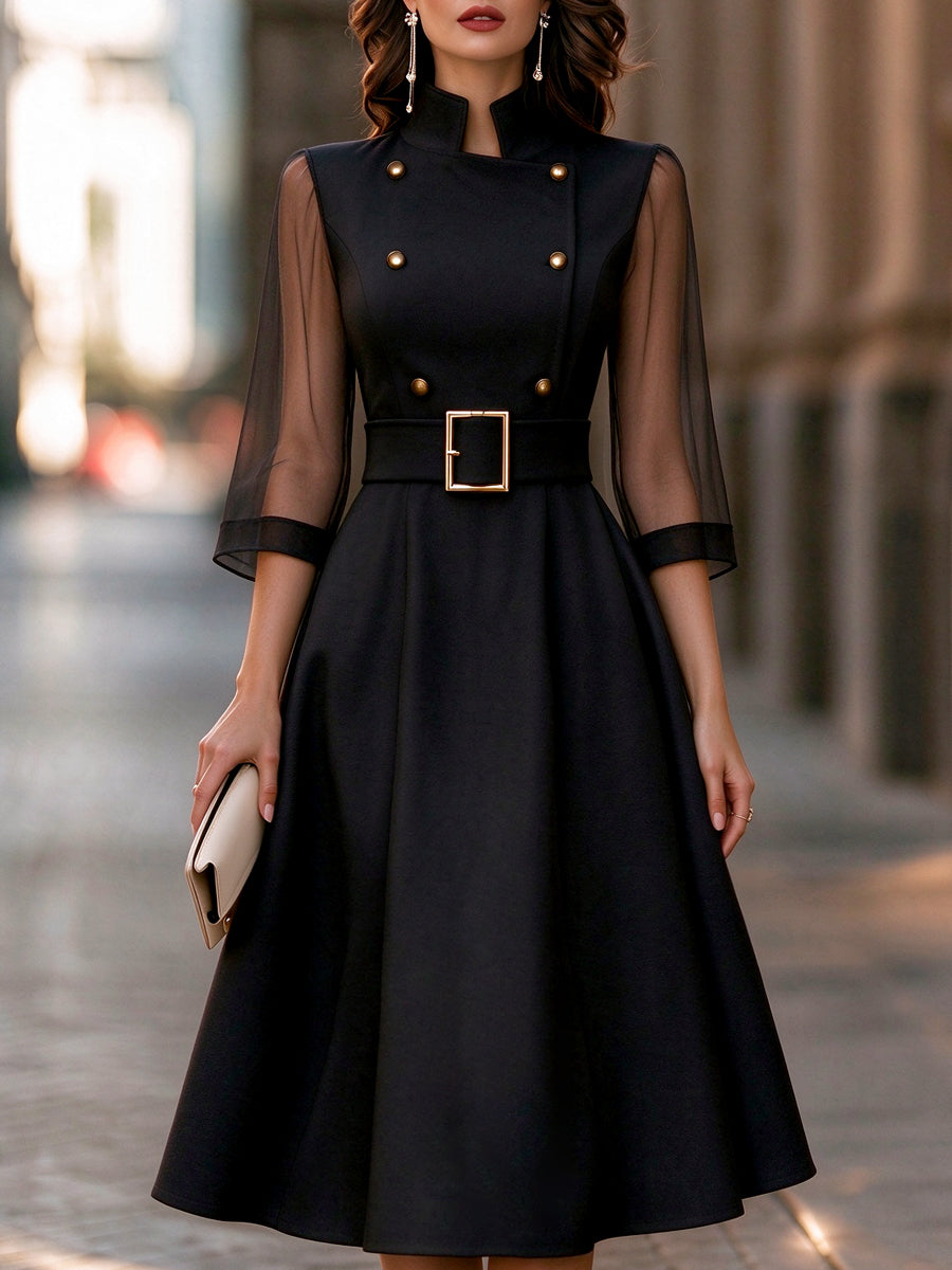 Gold Buttons Stand Collar Sheer Sleeve Belted A-Line Midi Dress