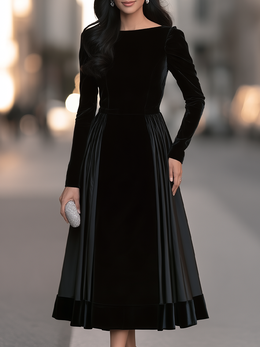 Boat Neck Maxi Dress With Pleated Side Panels And Banded Hem