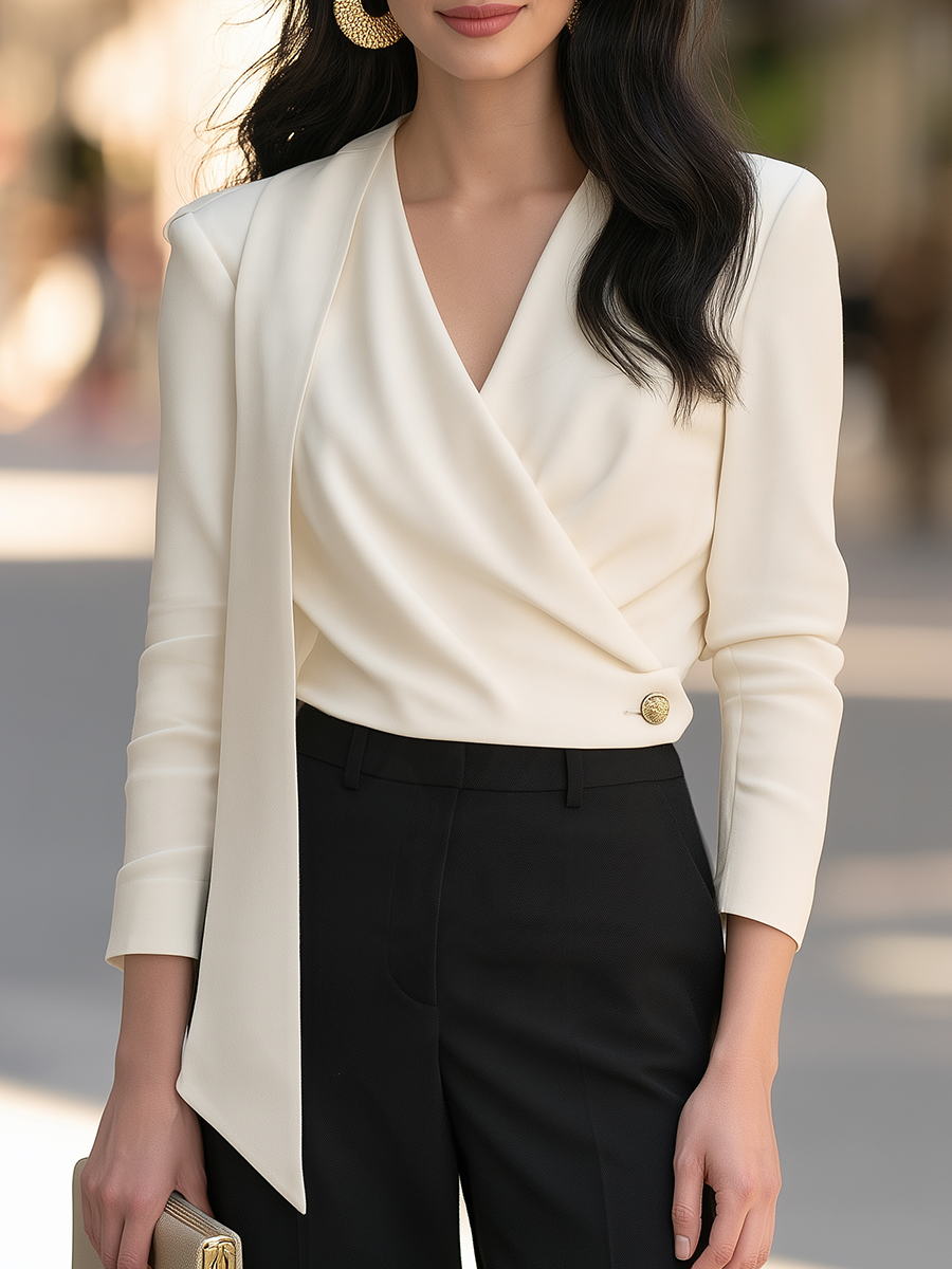Wrap V-Neck Top With Long Draped Panel And Side Button