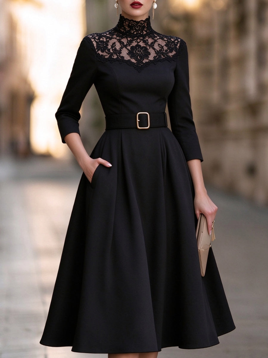 Belted Waist Lace Yoke A-Line Midi Dress