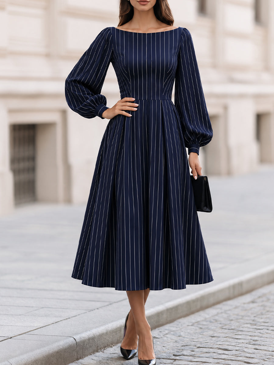 Pinstripe Boat Neck Midi Dress Balloon Long Sleeve Fit And Flare Dress For Women