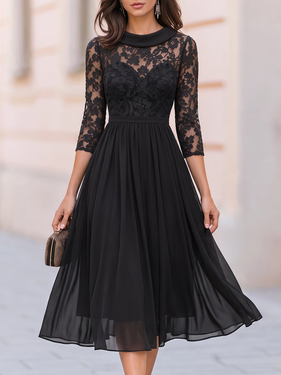 Lace Chiffon Midi Dress Cowl Neck Fit And Flare Party Dress