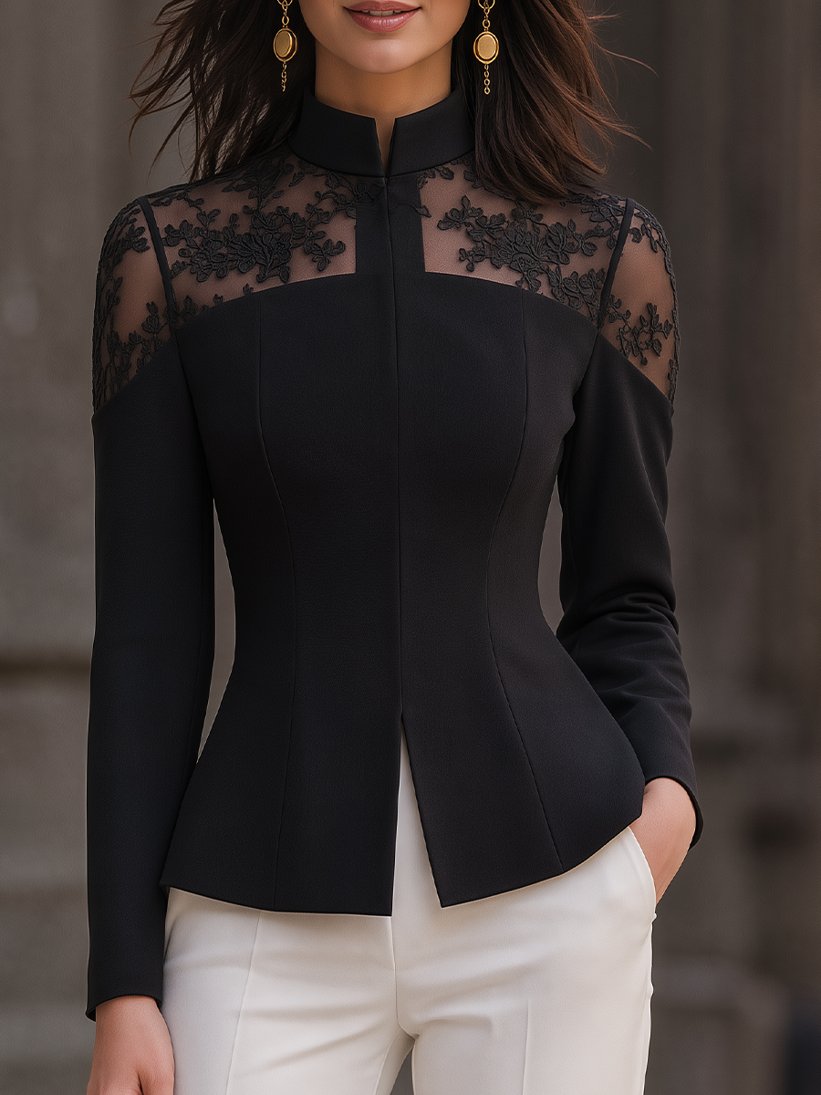Black Stand Collar Sheer Lace Yoke Fitted Blouse