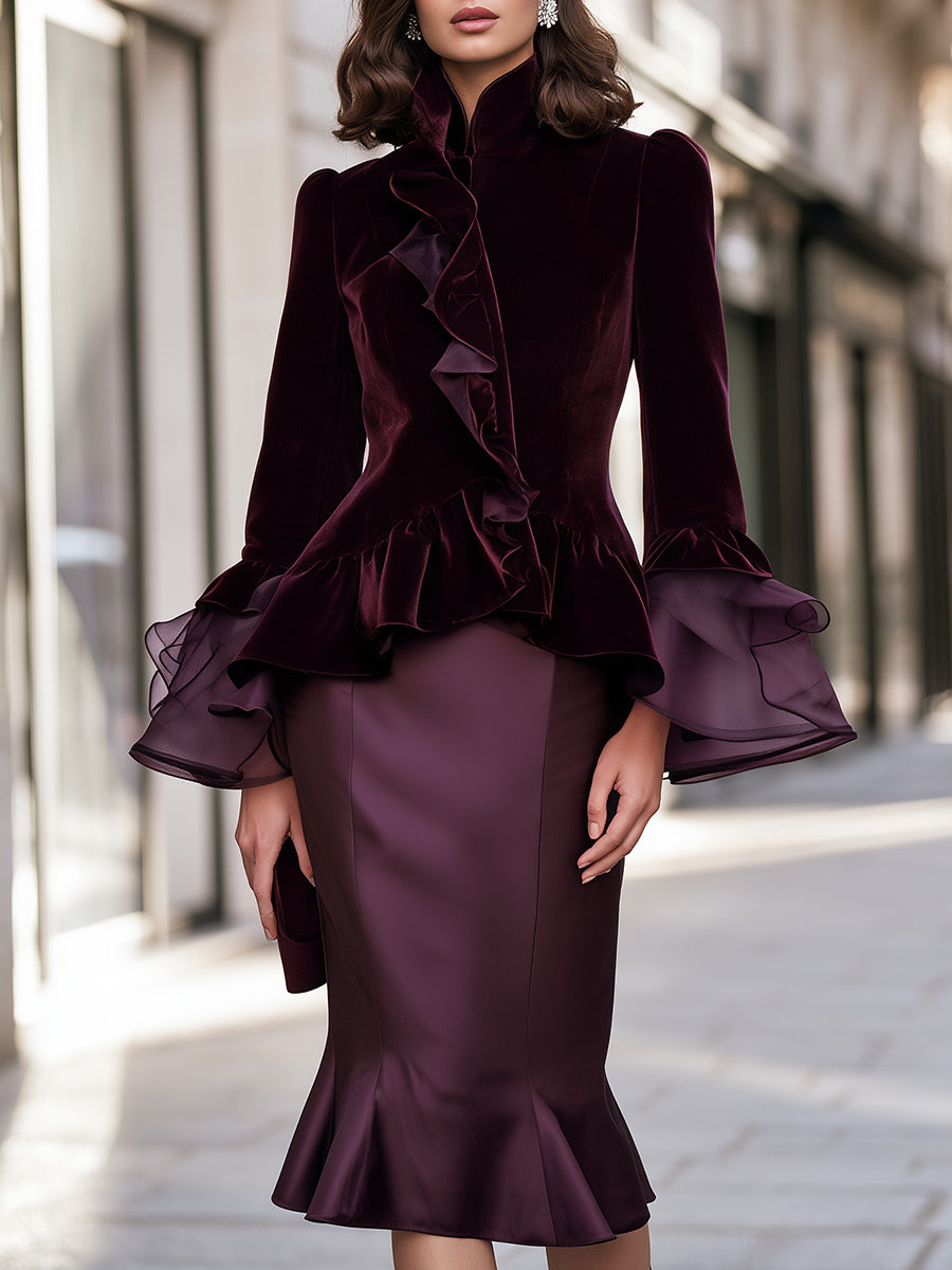 Ruffle Trimmed Stand Collar Velvet Peplum Jacket And Mermaid Skirt Set