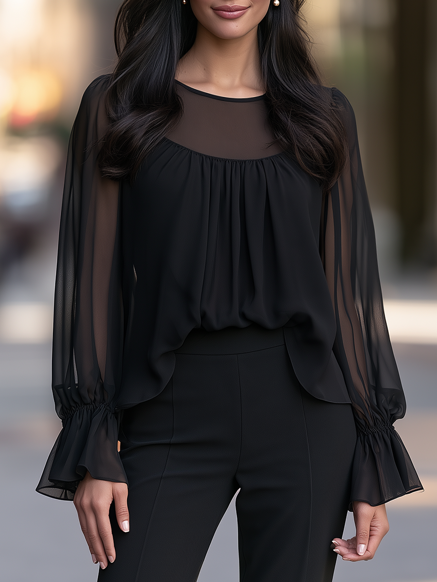 Sheer Yoke Blouse With Gathered Bodice And Ruffle Bell Cuffs