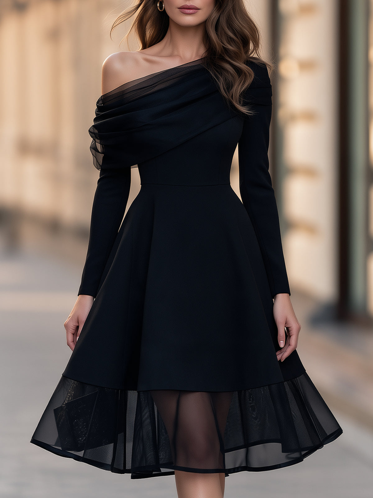 Asymmetric Off-Shoulder Midi Dress With Sheer Mesh Hem