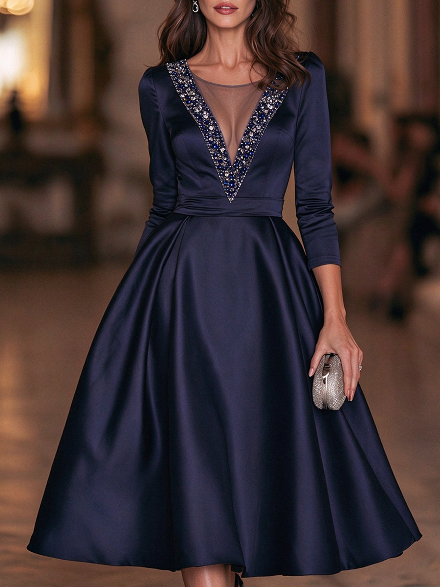 Elegant Rhinestone Embellished V-Neck Satin A-Line Midi Dress