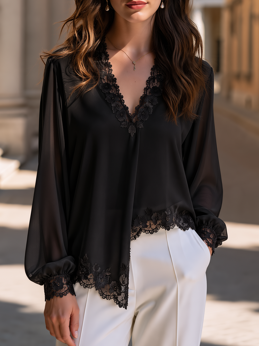 Lantern Sleeve V Neck Floral Lace Chiffon Blouse