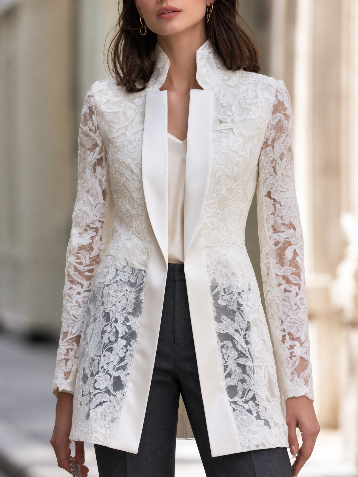 Ivory Floral Lace Longline Open-Front Jacket with Satin Lapel Trim