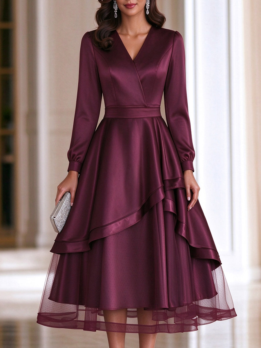 Tiered Ruffle Hem Surplice V-Neck Satin Fit-and-Flare Midi Dress
