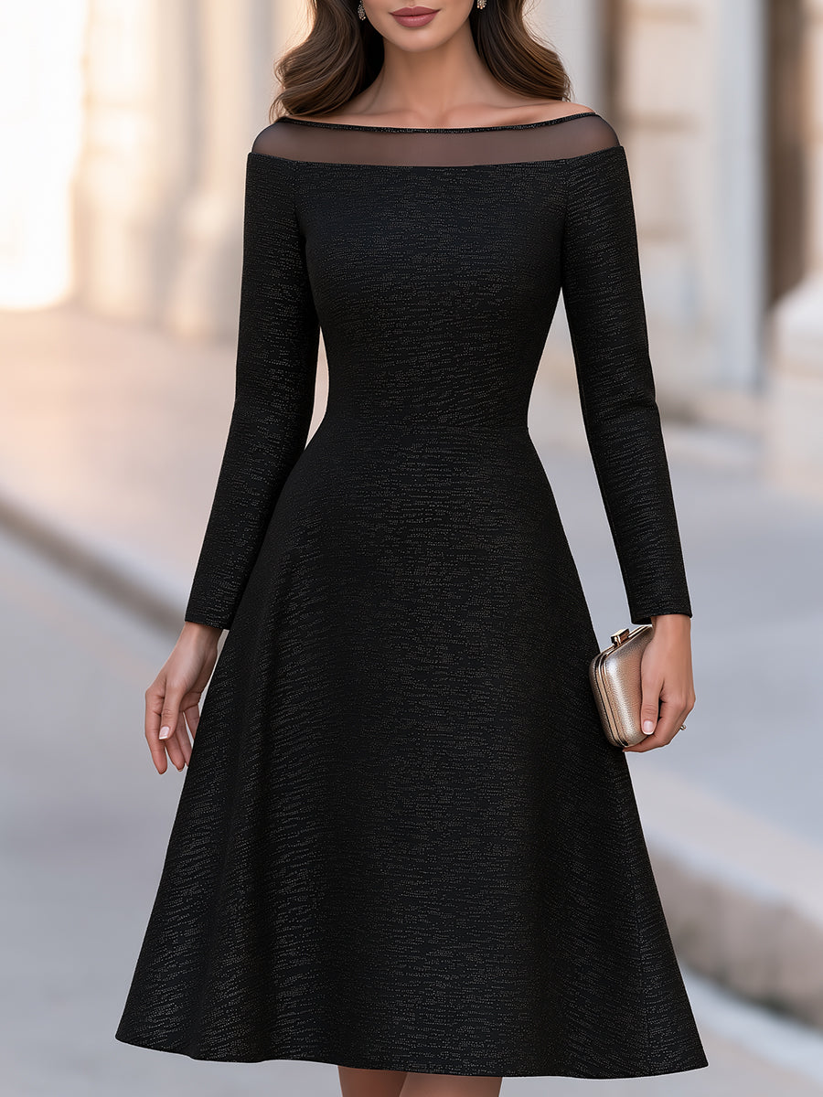 Elegant Black Sheer Mesh Neckline Shimmer A-Line Midi Dress