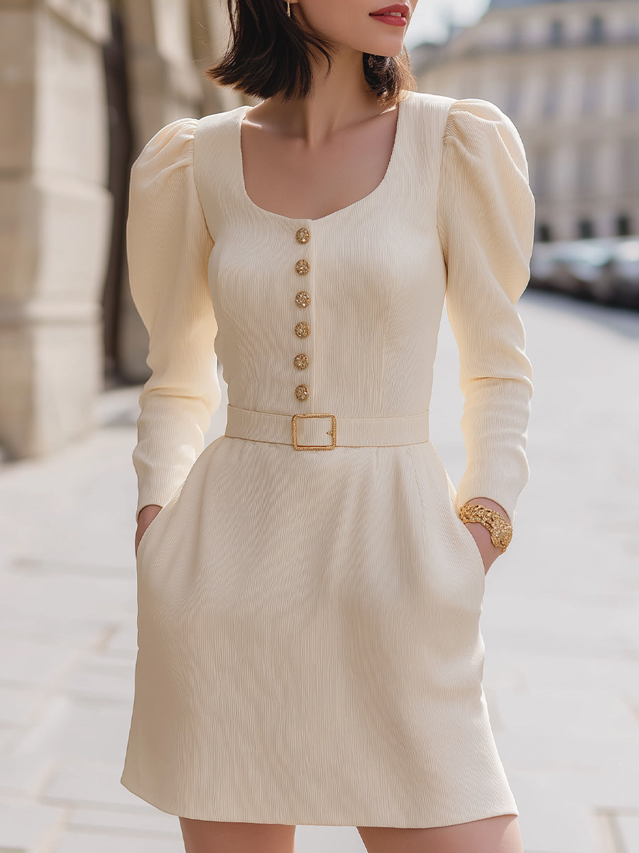 Elegant Belted Puff-Sleeve A-Line Dress With Button Detailing
