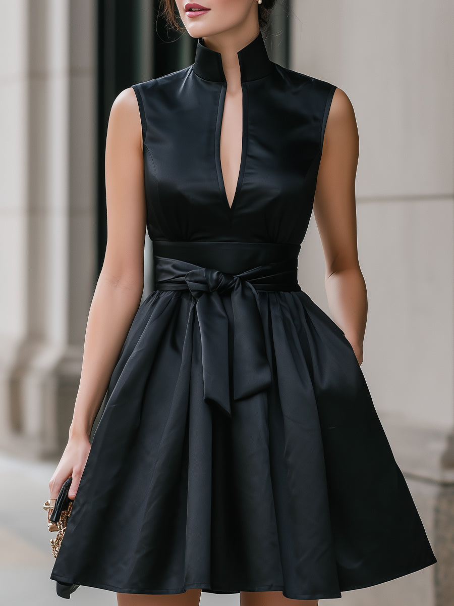 Black Satin Mandarin Collar Mini Dress With Bow Waist Detail