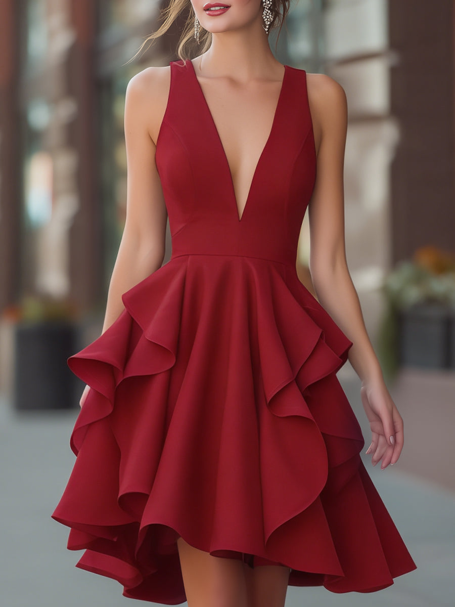 Sleeveless Ruffled V-Neck A-Line Dress