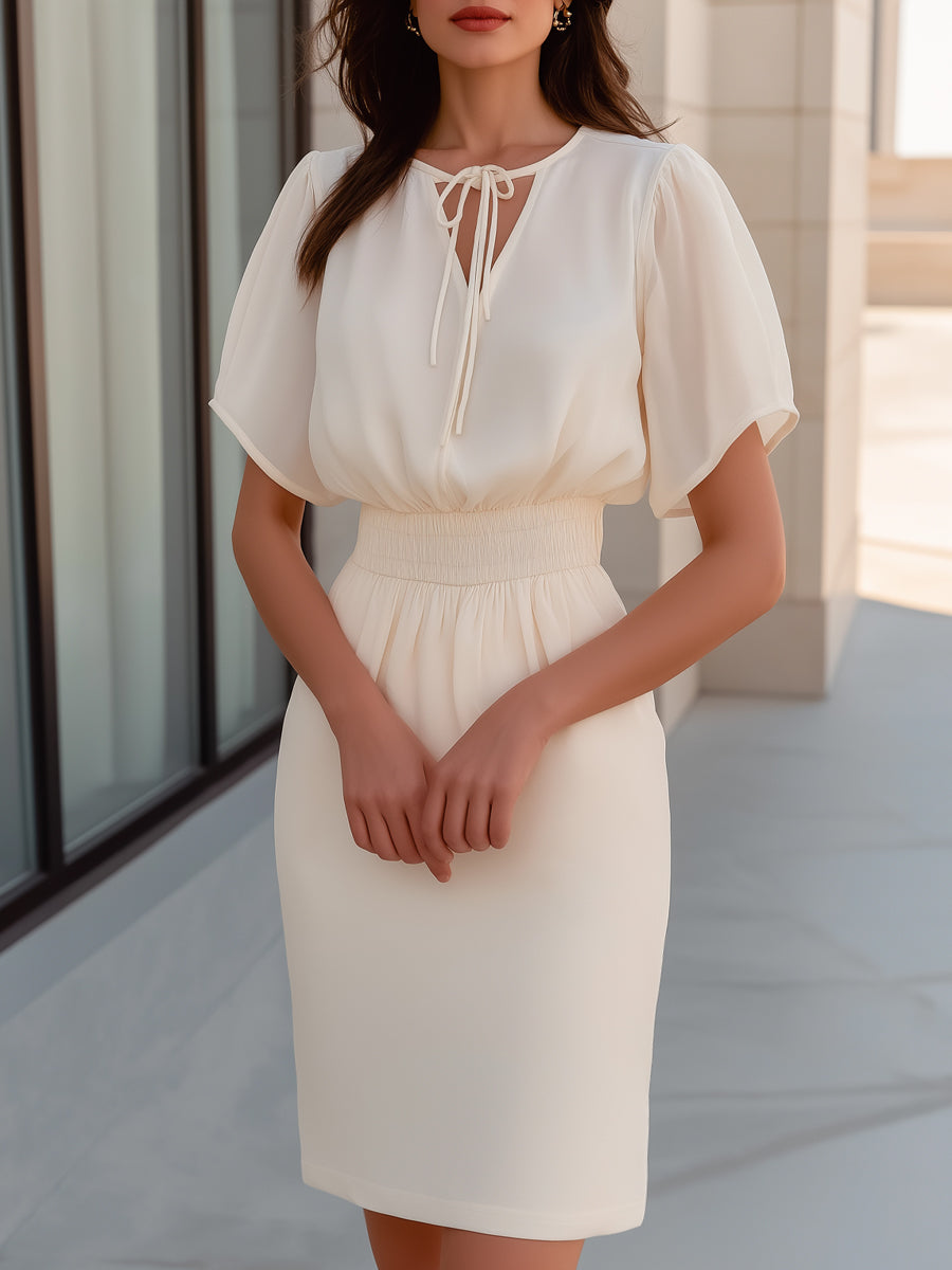 Tie-Neck Flutter Sleeve Ruched Waist Midi Dress