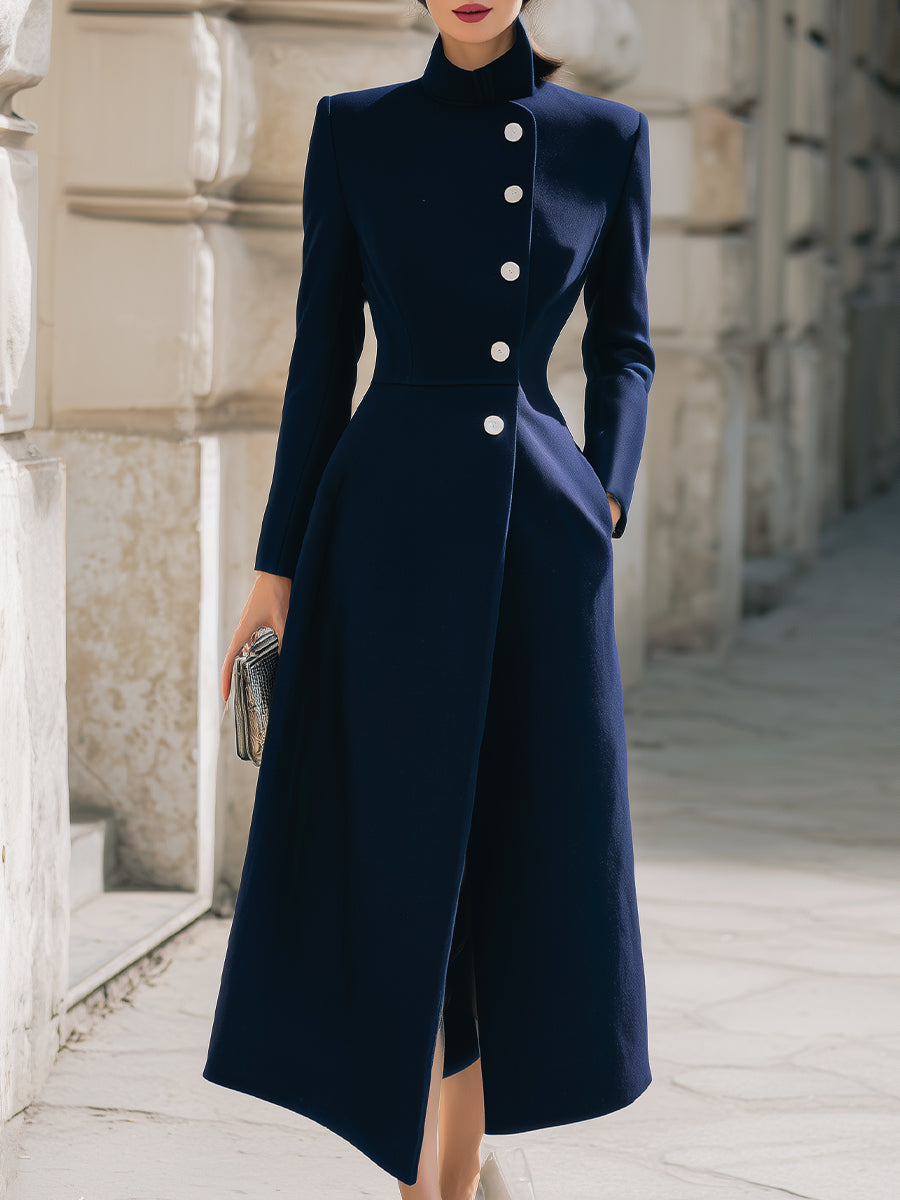 Elegant Navy Stand - Collar Maxi Coat