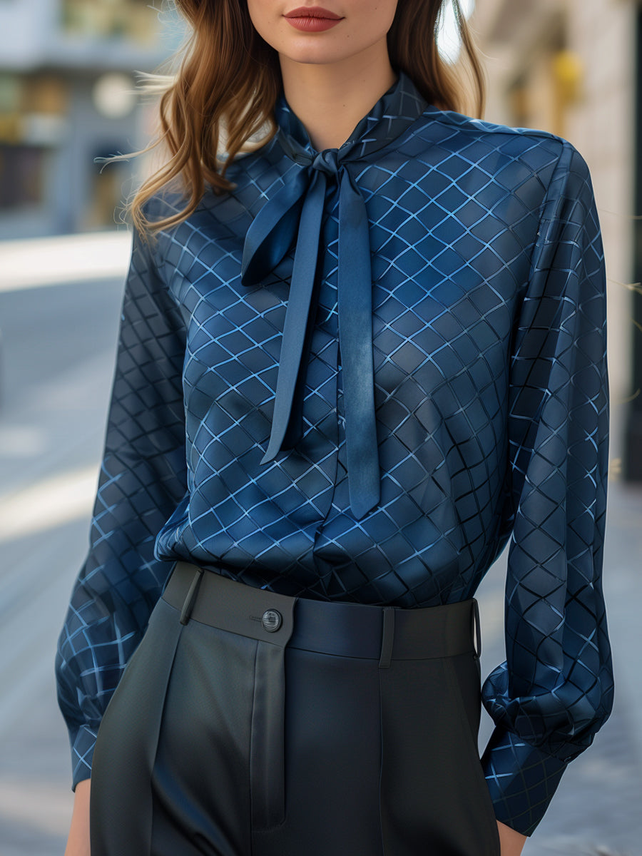 Elegant Geometric Print Satin Blouse with Bow Tie