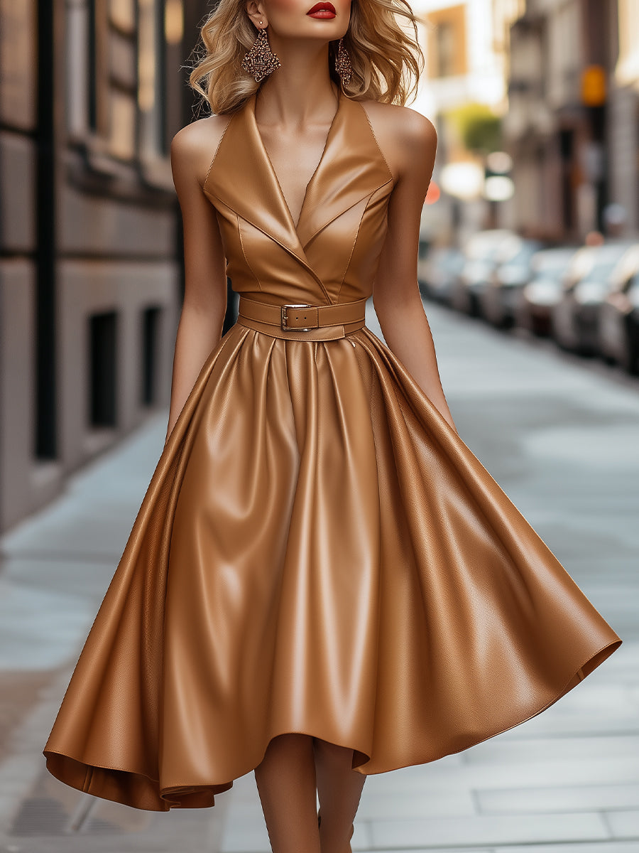 Caramel Halter Belted Faux Leather A-Line Dress