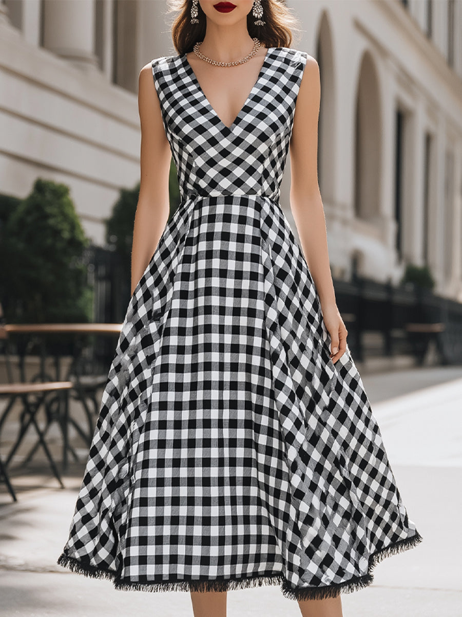 Elegant V-Neck Gingham A-Line Midi Dress