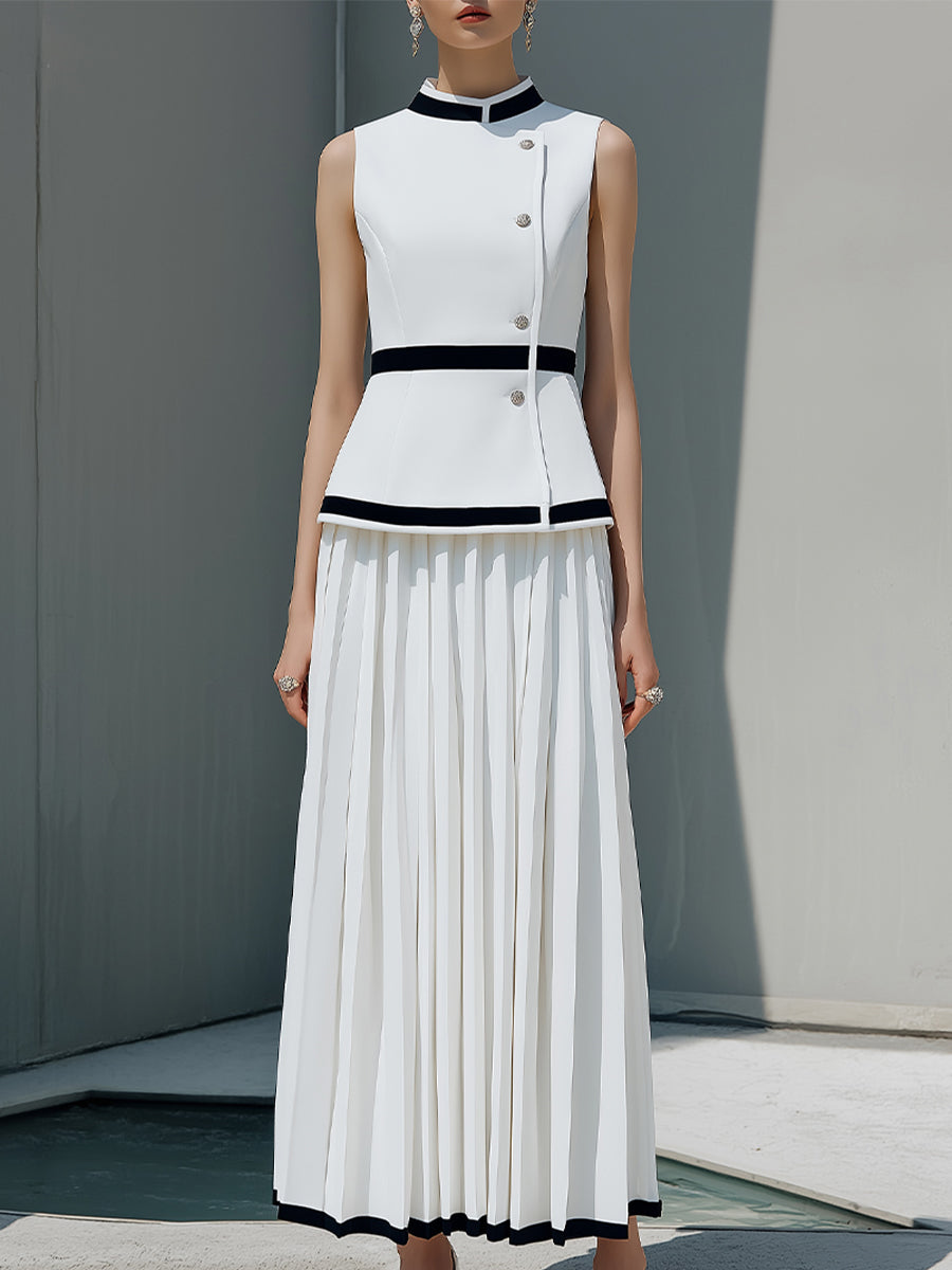 Elegant Sleeveless Structured Top And Pleated Maxi Skirt Set