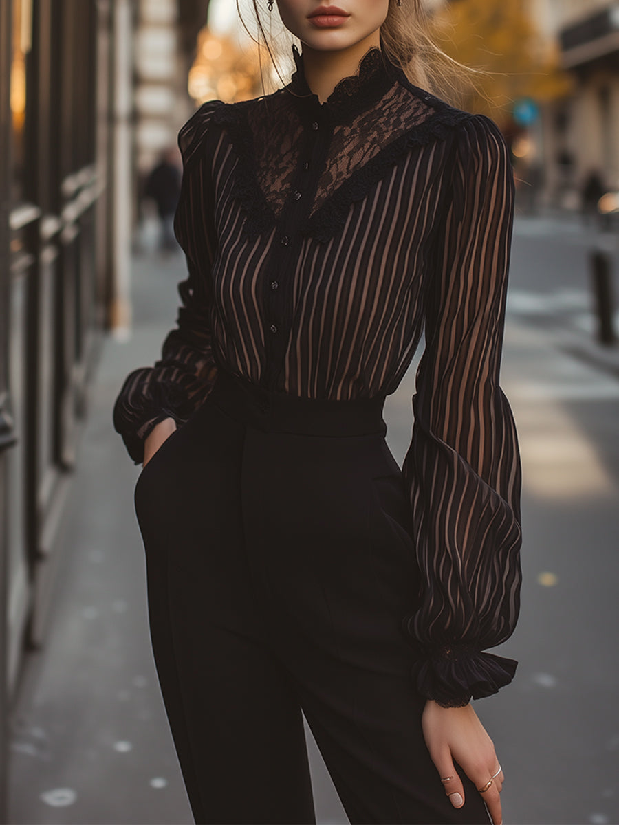 Chic Lace-Trimmed Sheer Blouse - Effortless Elegance