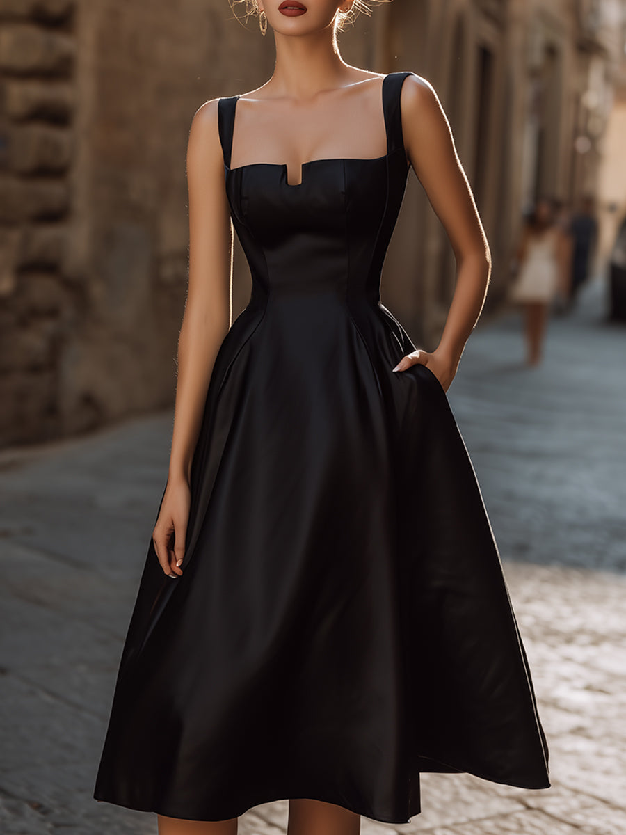 Elegant Sweetheart Neckline Black Midi Dress With Wide Straps