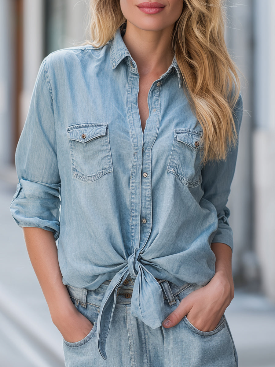 Light Denim Button-Up Shirt With Tie-Front Hem