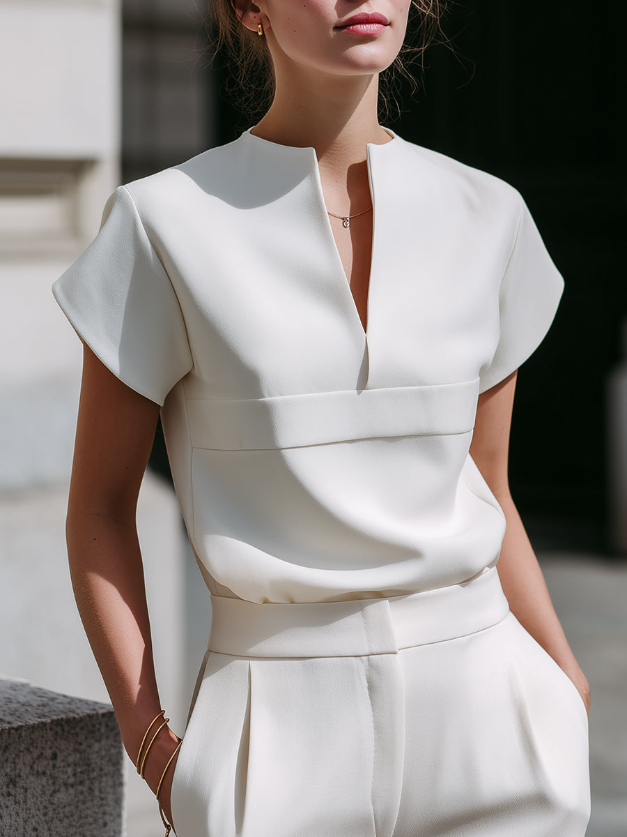 Notch-Neck Short Sleeve Tailored Top