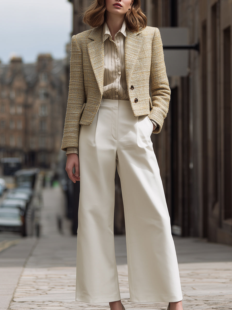 Beige Tweed Cropped Blazer & Ivory Wide-Leg Tailored Pants Set