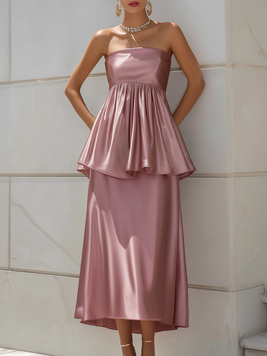 Strapless Satin Peplum Top & Midi Skirt Set