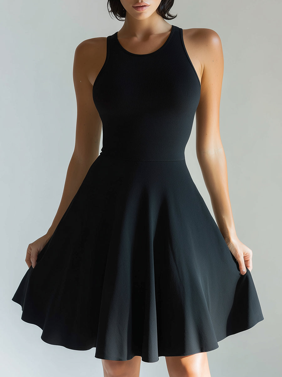 Black Sleeveless Ribbed Fit-and-Flare Mini Dress