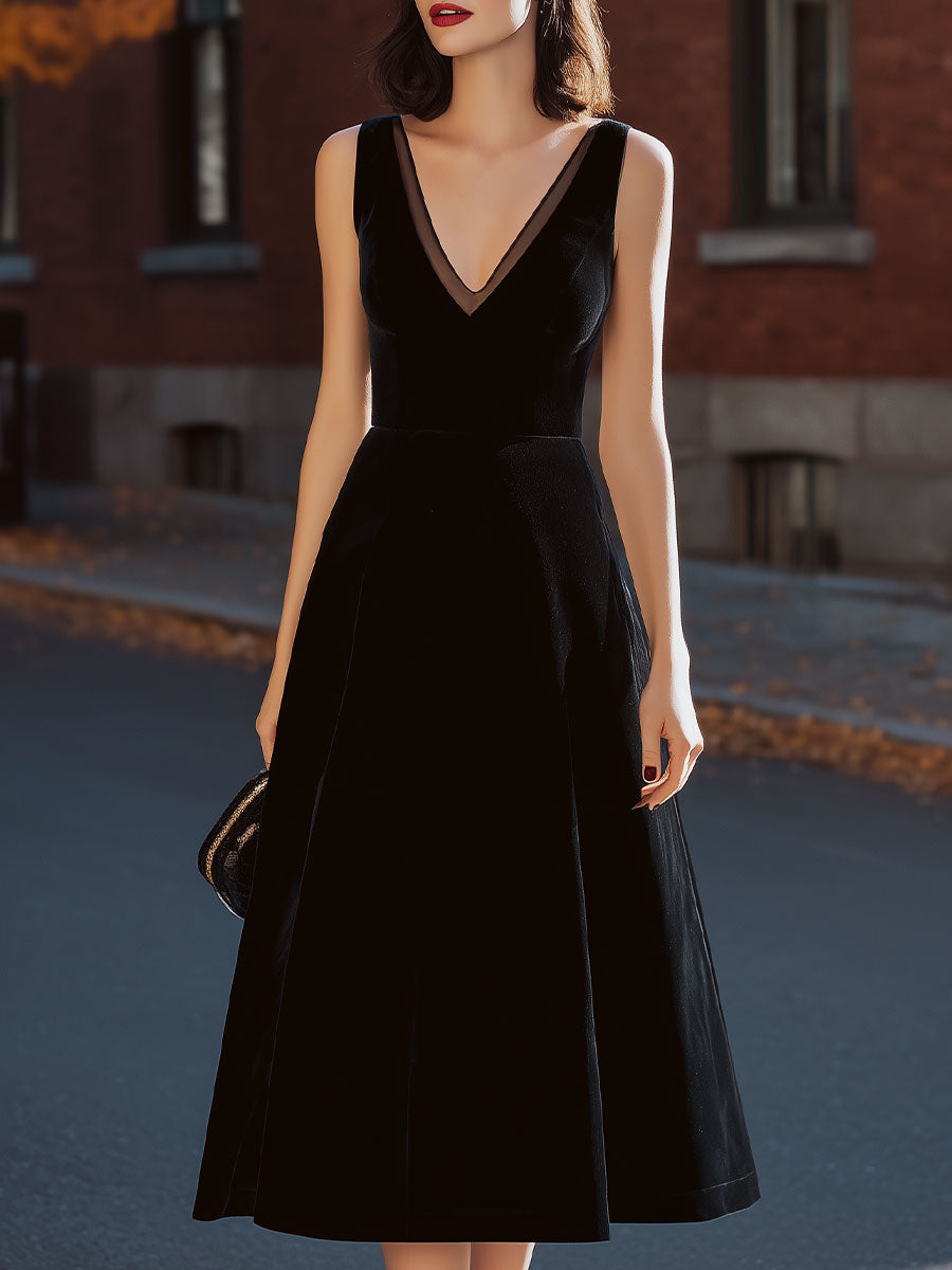 Black Velvet Sleeveless Mesh V-Neck Fit & Flare Midi Dress