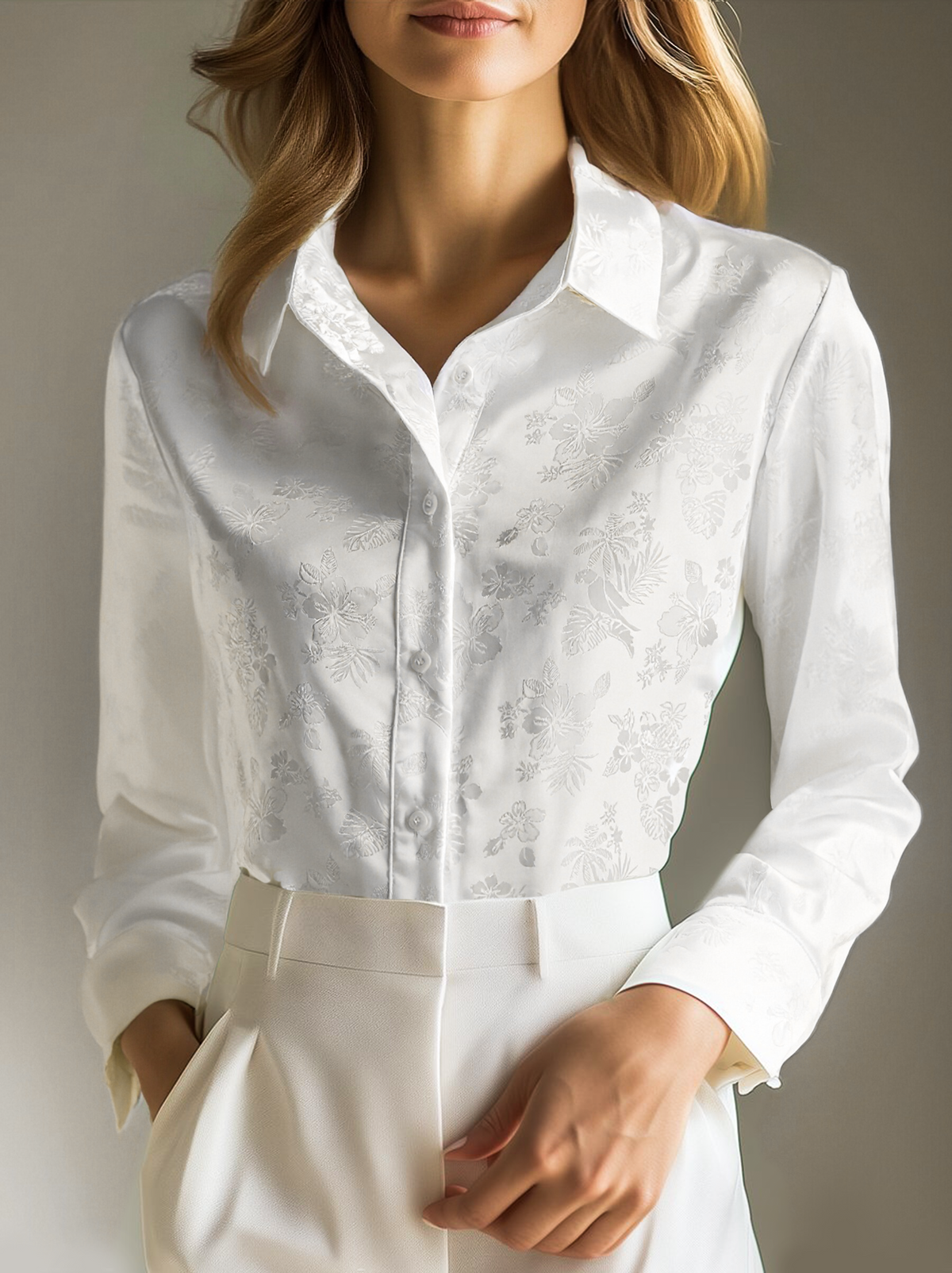 Elegant Ivory Satin Jacquard Shirt
