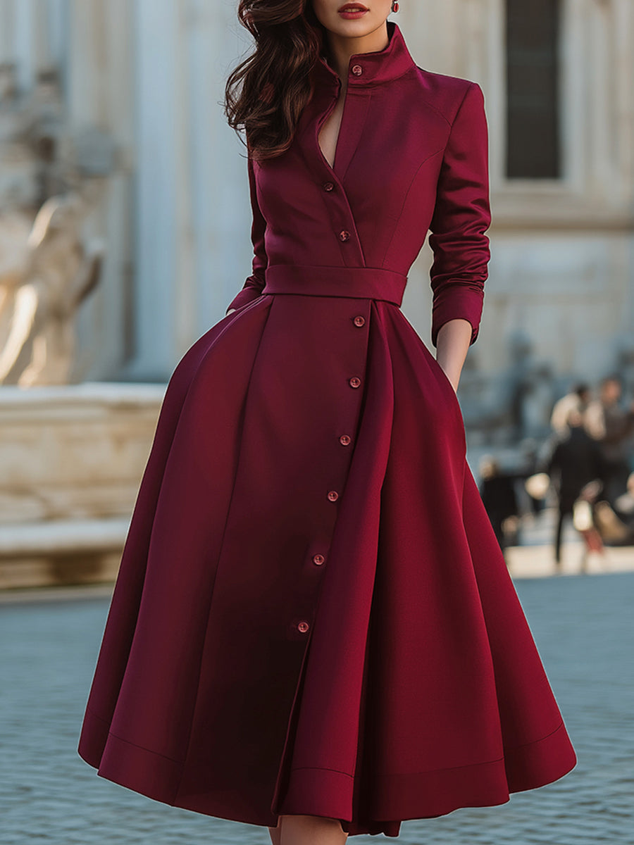 Elegant Band Collar Button-Down Midi Dress With Belt