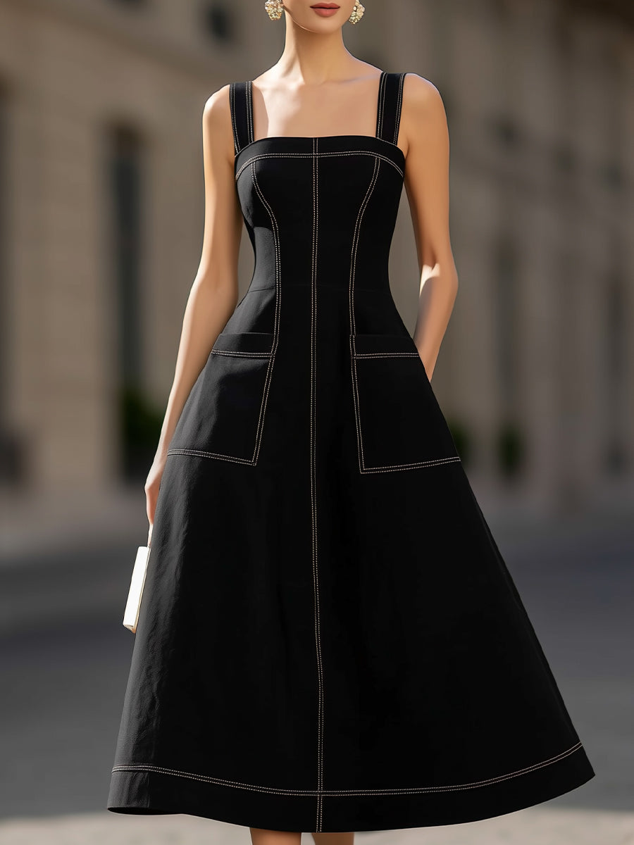 Quare Neck Midi Dress With Patch Pockets