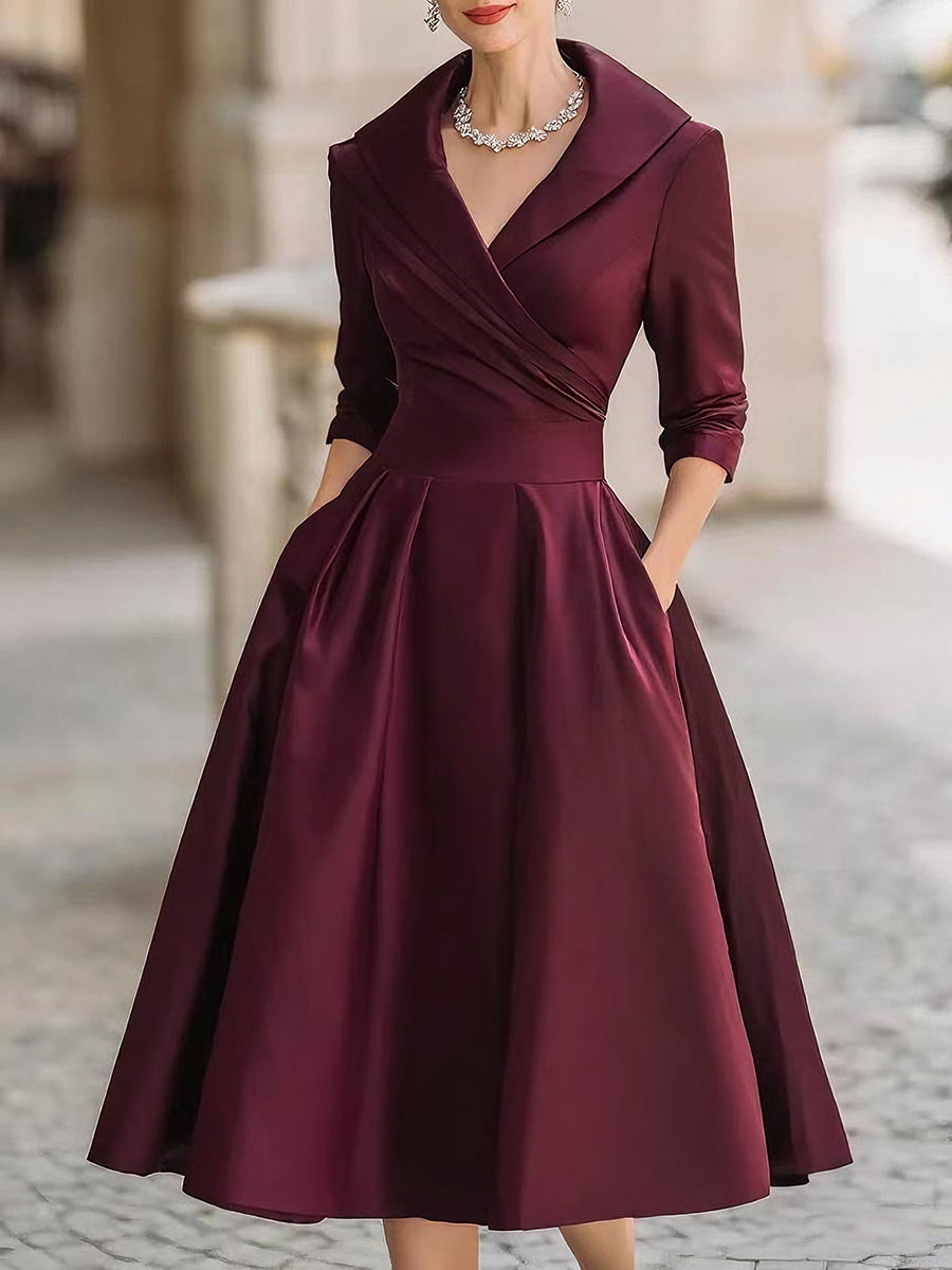 Vintage-Inspired Satin Midi Dress With Draped Collar – Mooyius Vintage-Inspired Satin Midi Dress With Draped Collar – Mooyius