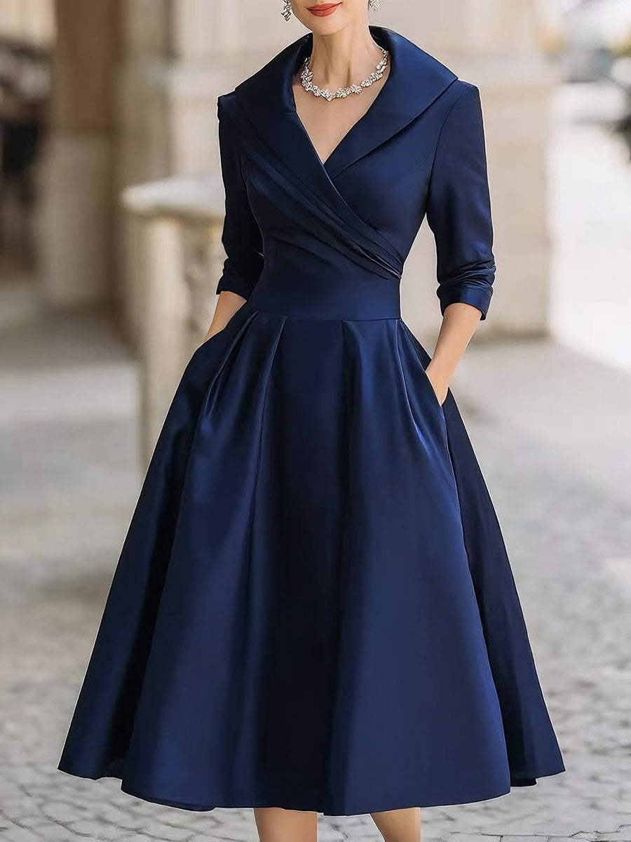 Vintage-Inspired Satin Midi Dress With Draped Collar – Mooyius Vintage-Inspired Satin Midi Dress With Draped Collar – Mooyius