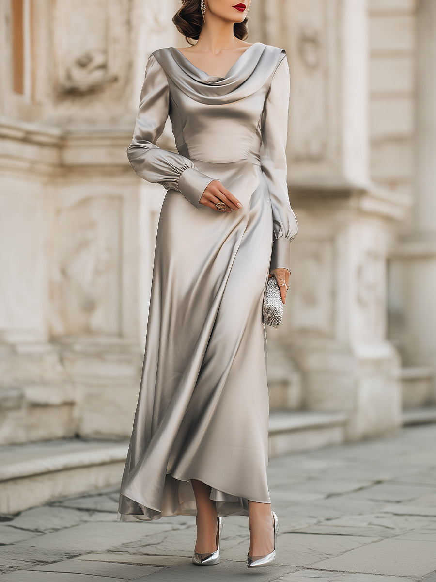 Draped Cowl Neck Long Evening Gown