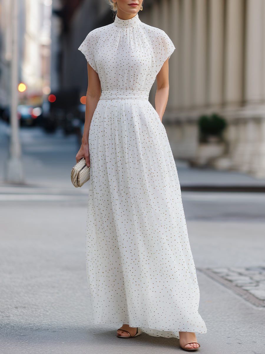 High Neck Pleated Waist Flowing Maxi Dress