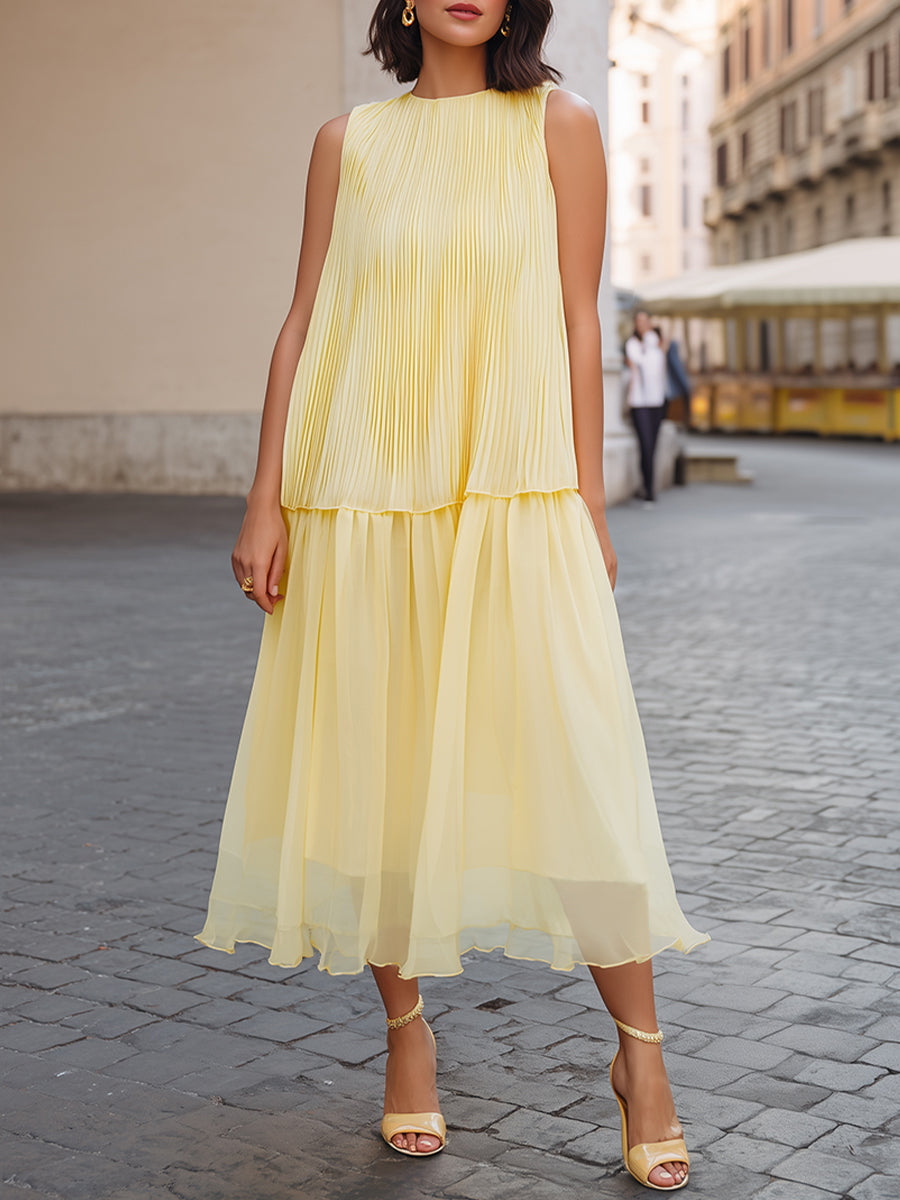Luminous Grace: Pleated Tiered Sleeveless Midi Dress