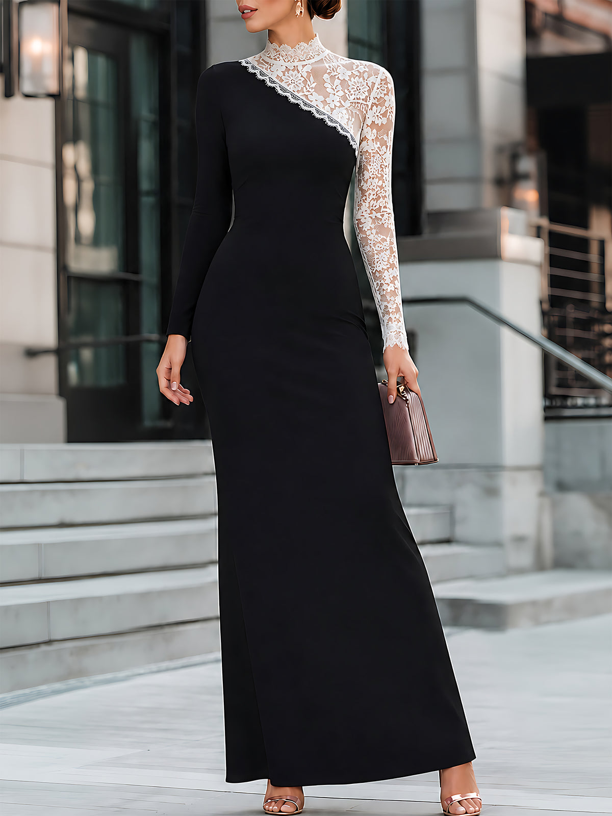 Asymmetric Lace-Spliced Maxi Dress