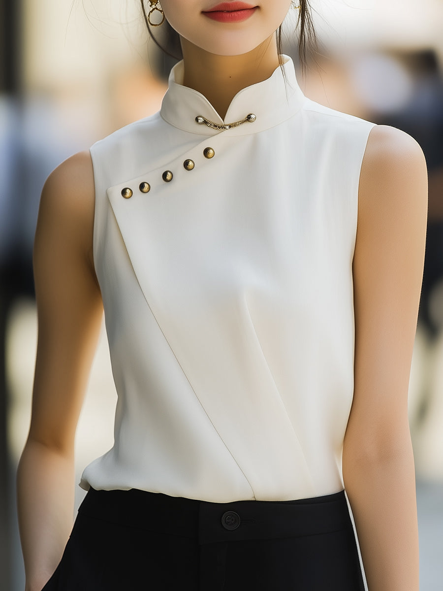 Elegant Sleeveless Mandarin Collar Blouse