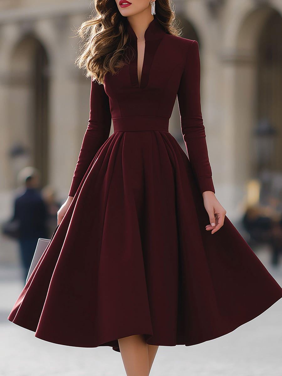 Burgundy V-Neck Full-Skirt Midi Dress